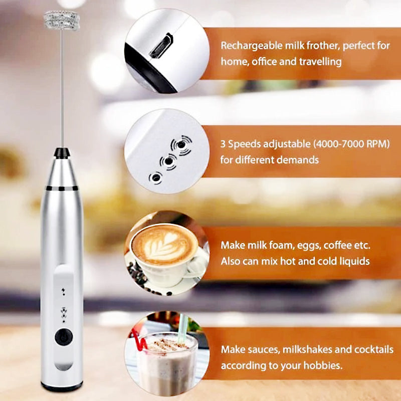 Electric Milk Frother & Egg Beater – Rechargeable 3-Speed Foam Maker